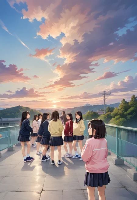 score_9, score_8_up, score_7_up, rating_safe, masterpiece, best quality, absurdres, unity 8k wallpaper, official art, official style, source_anime, uncensored, game cg, megami magazine,
okujyou, multiple girls, outdoors, school uniform, skirt, scenery, jacket, cloud, long hair, sky, 6+girls, shoes, sneakers, black hair, brown hair, short hair, multiple boys, black skirt, track jacket, pleated skirt
<lora:gakkou_okujyo_PONY_V1:1>
