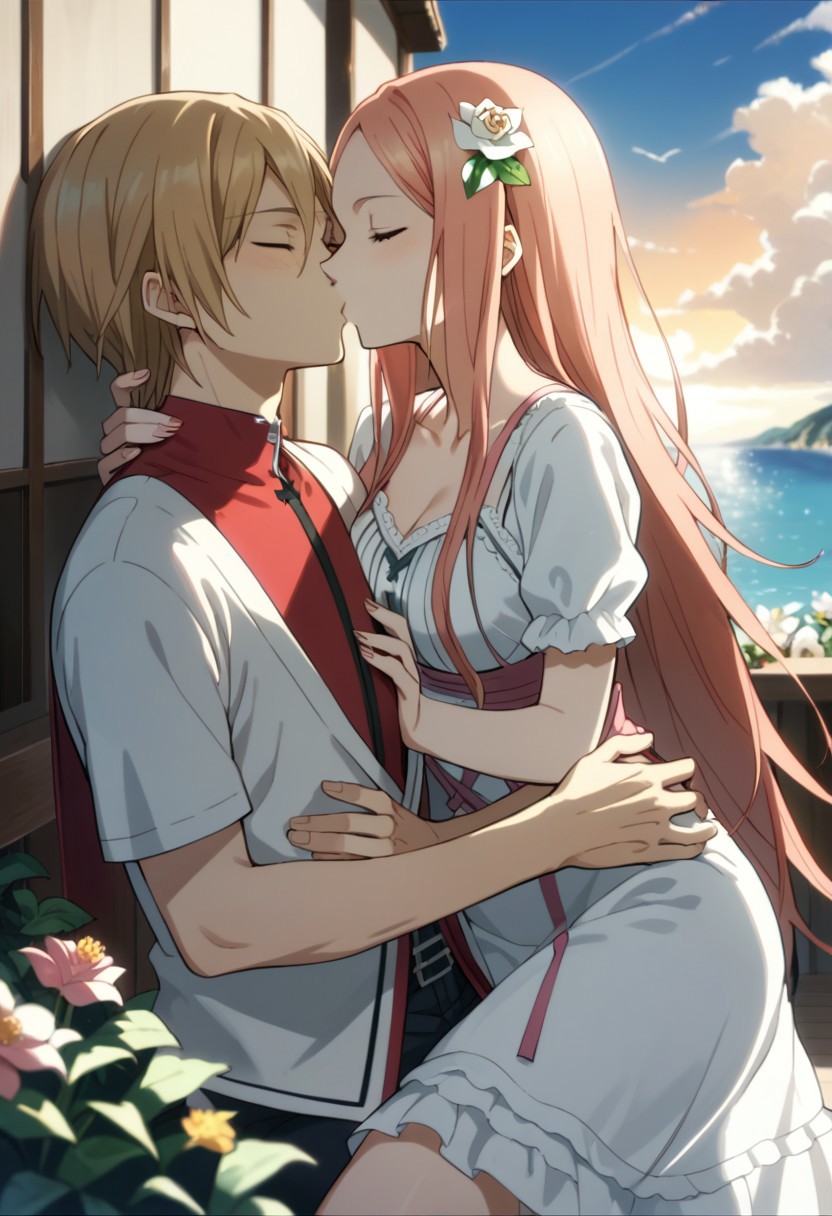 score_9,score_8_up,score_7_up,source_anime, Mana Ouma,1girl,hair ornament,1boy,dress,closed eyes,flower,hetero,hair flower,couple,kiss,