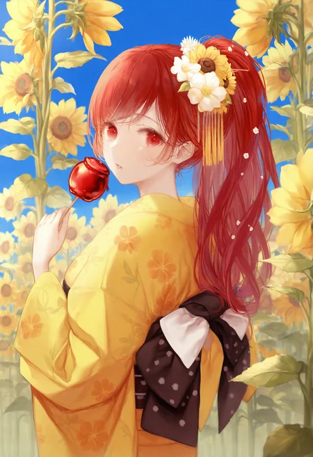 <lora:myc1_noob1.1-000189:1>,
flower, 1girl, food, sunflower, long hair, red hair, holding, hair ornament, solo, looking at viewer, upper body, holding food, red eyes, yellow flower, looking back, from behind, candy apple, fruit, parted lips, japanese clothes, ponytail, white flower, high ponytail, hand up, kimono, sunflower field, long sleeves, field, outdoors, blue sky, hair flower, flower field, day, sky,
masterpiece,best quality,newest,absurdres,highres,very awa,