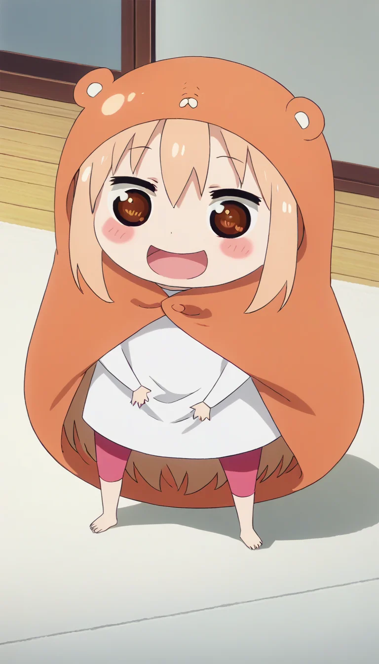 score_9,score_8_up,masterpiece,best quality,correct anatomy,anime_source,1girl,solo,perfect eyes,perfect arms,perfect legs,perfect face,indoors,happy,Doma Umaru-Chibi,chibi,hood,animal costume,long hair,light brown hair,sidelocks,bangs,brown eyes,blush stickers,open mouth,white shirt,pink pants,barefoot,<lora:Doma Umaru-Chibi(huc)-Pony:1.6>,