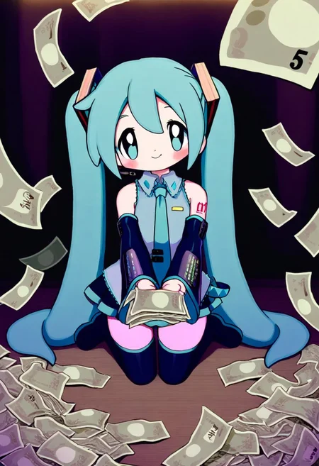 Hatsune miku omniverse style, with bags of money, wyatt style