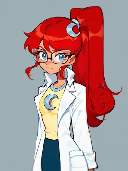 score_9, score_8_up, score_7_up, score_6_up, score_5_up,  <lora:SusanMarytestXLP:1> jt, labcoat, glasses, red hair, long hair, 1girl, mary test, blue eyes, crescent, ponytail,