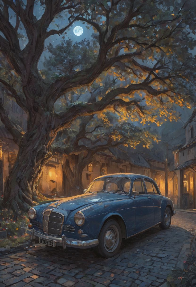 glamorous photo in the serene glow of a moonlit night, a vintage car adorned with blue mosaic patterns rests gracefully on a cobblestone path. the headlights illuminate the surroundings, casting an ethereal glow on the ancient tree nearby. as if time has stood still, the car embodies a sense of nostalgia and longing. a few steps away from the car, a 24 year old adult woman stands under the protective shade of the old tree. she holds a bouquet of vibrant flowers in her hands, their colors mirroring the hues of the mosaic on the car. the soft rustling of leaves echoes through the quiet night as she gently places the flowers at the base of the tree. the atmosphere is filled with a gentle breeze that carries the scent of blooming flowers and the faint whispers of memories past. in this moment, everything seems to be frozen in time, creating a beautiful tableau of love, longing, and the enduring passage of time. . high fashion, luxurious, extravagant, stylish, sensual, opulent, elegance, stunning beauty, professional, high contrast, detailed