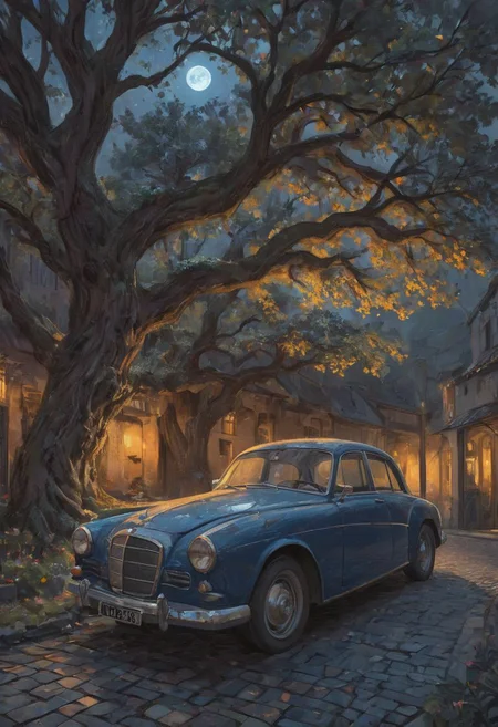 glamorous photo in the serene glow of a moonlit night, a vintage car adorned with blue mosaic patterns rests gracefully on a cobblestone path. the headlights illuminate the surroundings, casting an ethereal glow on the ancient tree nearby. as if time has stood still, the car embodies a sense of nostalgia and longing. a few steps away from the car, a 24 year old adult woman stands under the protective shade of the old tree. she holds a bouquet of vibrant flowers in her hands, their colors mirroring the hues of the mosaic on the car. the soft rustling of leaves echoes through the quiet night as she gently places the flowers at the base of the tree. the atmosphere is filled with a gentle breeze that carries the scent of blooming flowers and the faint whispers of memories past. in this moment, everything seems to be frozen in time, creating a beautiful tableau of love, longing, and the enduring passage of time. . high fashion, luxurious, extravagant, stylish, sensual, opulent, elegance, stunning beauty, professional, high contrast, detailed