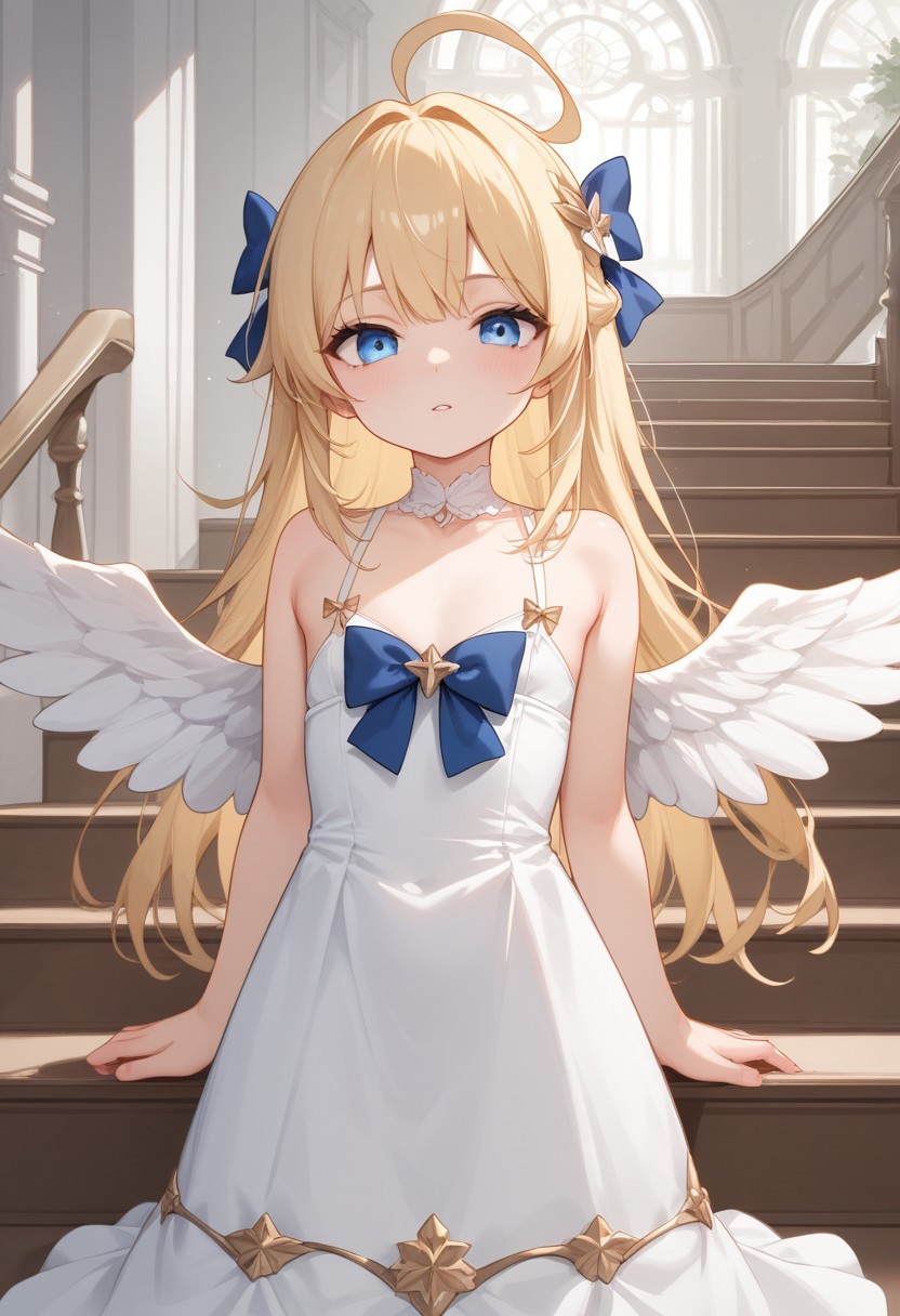 score_9, score_8_up, score_7_up, Expressiveh,
filo, blonde hair, ahoge, hair ornament, flat chest, bangs, long hair , angel wings, white dress, blue bow,stairs, arms at sides,