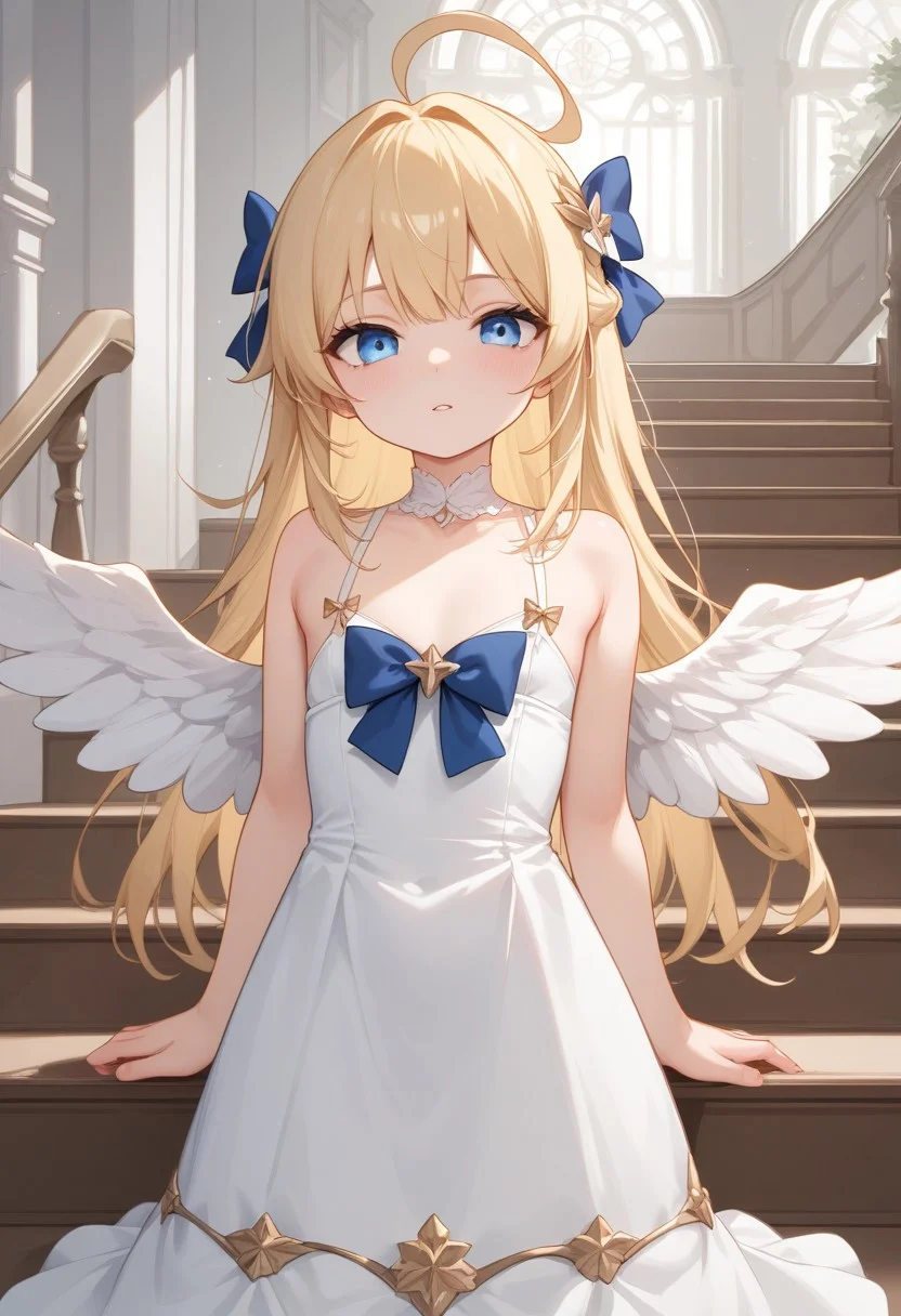 score_9, score_8_up, score_7_up, Expressiveh,
filo, blonde hair, ahoge, hair ornament, flat chest, bangs, long hair , angel wings, white dress, blue bow,stairs, arms at sides,