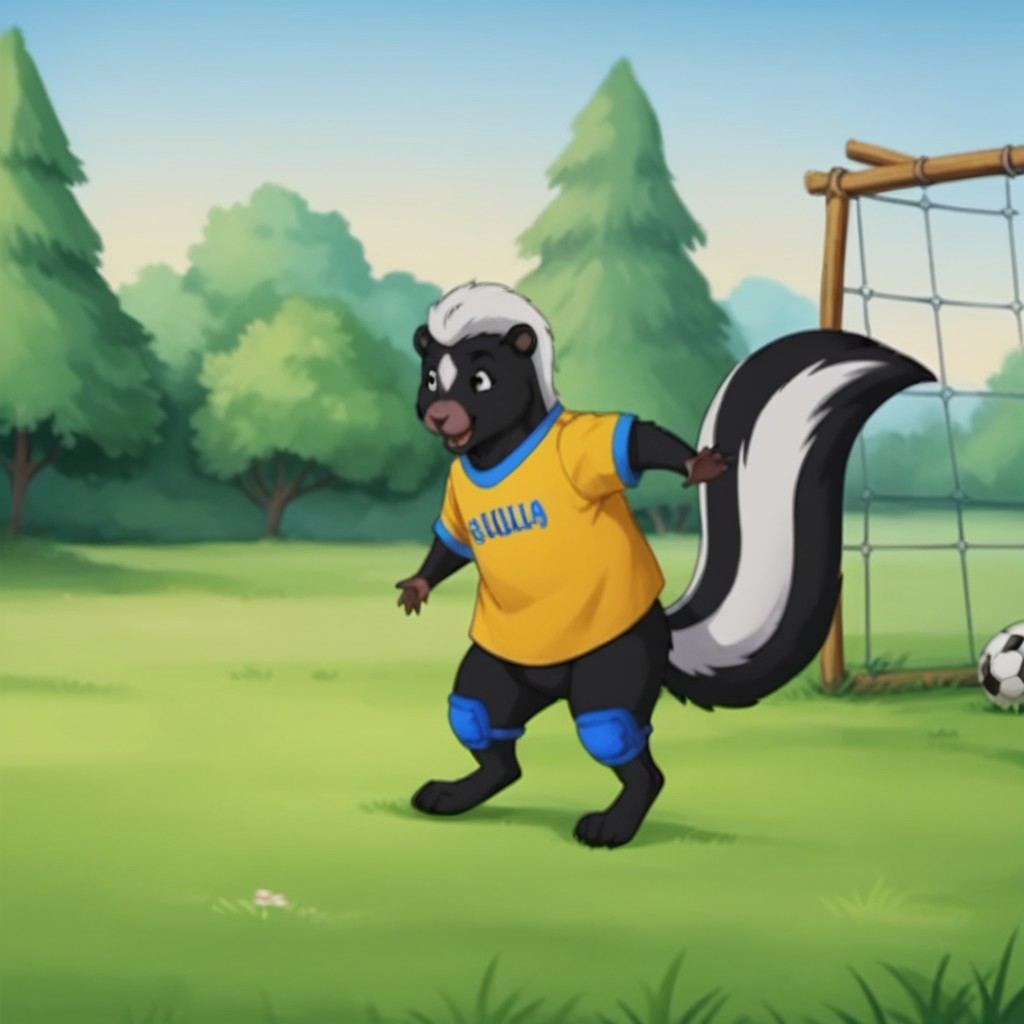 score_9, score_8_up, score_7_up, score_6_up, score_5_up, score_4_up, source_furry, skunkfrnkln, semi-anthro, female, skunk, black fur, outside, yellow shirt, blue knee pads, in a field, soccer