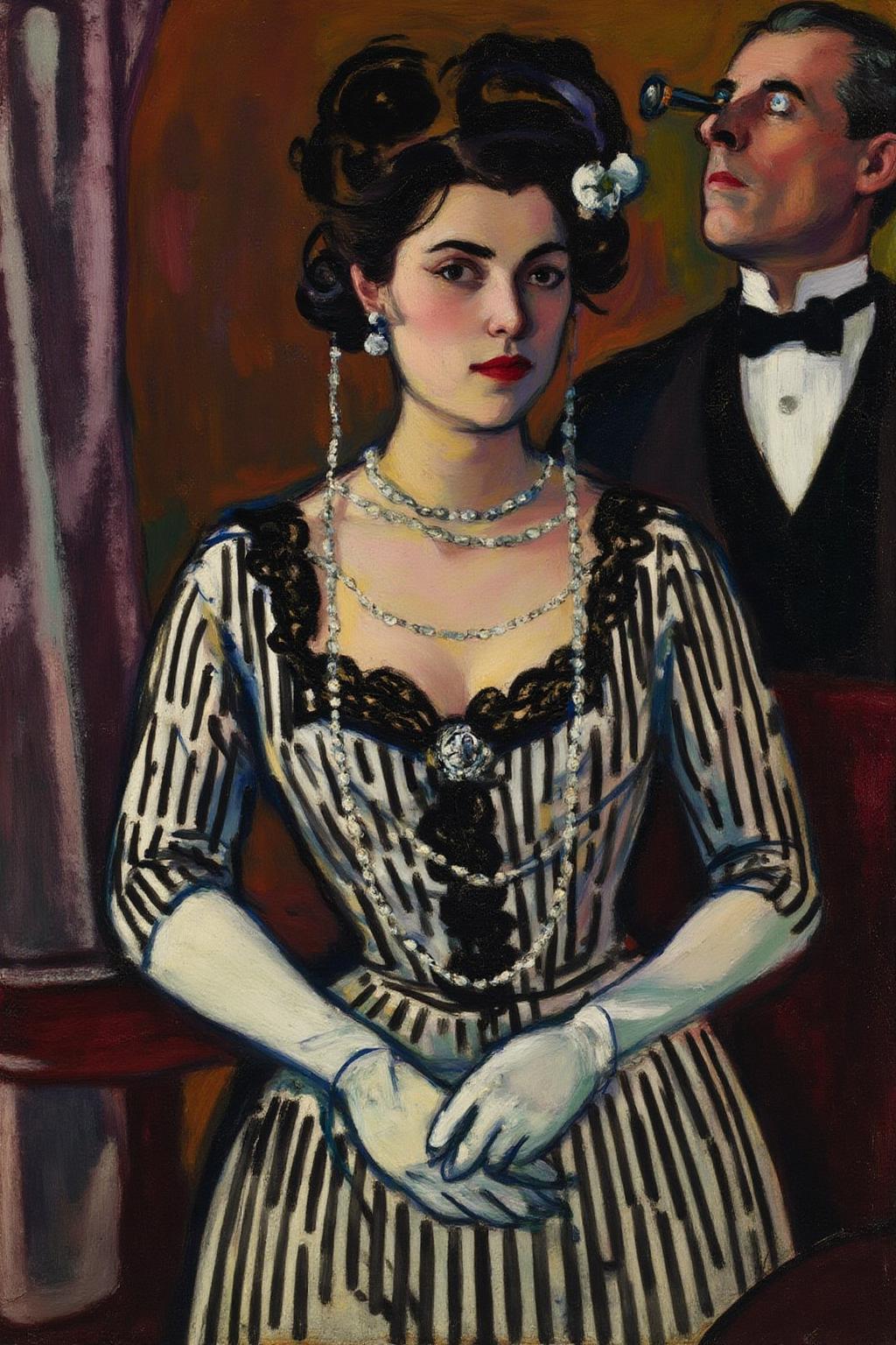 henrylymansayen1 painting.
pierreaugusterenoir1. A couple at the Opera house. A woman dressed in a black and white striped dress with lace details and a large brooch at the center is adorned with multiple strands of pearls and white gloves. Her hair is styled in an updo with a flower accessory. She is looking directly at the viewer. Behind her, a man dressed in a formal suit, looking upward with an opera glass. A curtain or drape is visible on the left side. 
 <lora:henrylymansayen1_cap_d6a3:1.0><lora:861481314979712229:0>
