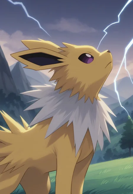 (source_anime, score_9, score_8_up, score_7_up:1), side view, solo male, jolteon, looking up, outdoors, mountains, lightning, pokemon \(classic anime\), anime screencap