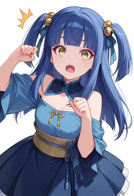 Smooth Quality,masterpiece,very intricate, high quality details, ultra realistic, high detailed skin,detailed enviorement,absurdres,
kamina pose,
 <lora:Ranran_CNR:0.8> ranran_cnr,1girl, blue hair, long hair, two side up, blunt bangs, yellow eyes, fangs, hair ornament, hair bell,hair ribbon, hair bobbles,makeup,, surprised,, simple background, white background, dynamic angle,solo,, turtle neck, ,off-shoulder top, ,panel skirt,  ,