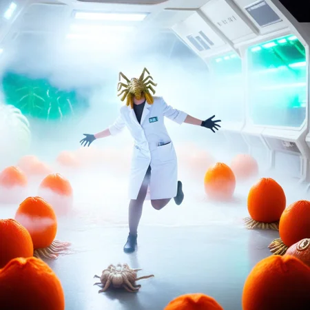 fchgr, blood orange style, xenoegg, view of a group of hatched xenoeggs, xenoeggs made of orange peel, horror theme, green light, space station interior, foggy ground, beautifully lit,
Female Doctor in lab coat with facehugger jumping at her, facehugger, alien facehugger