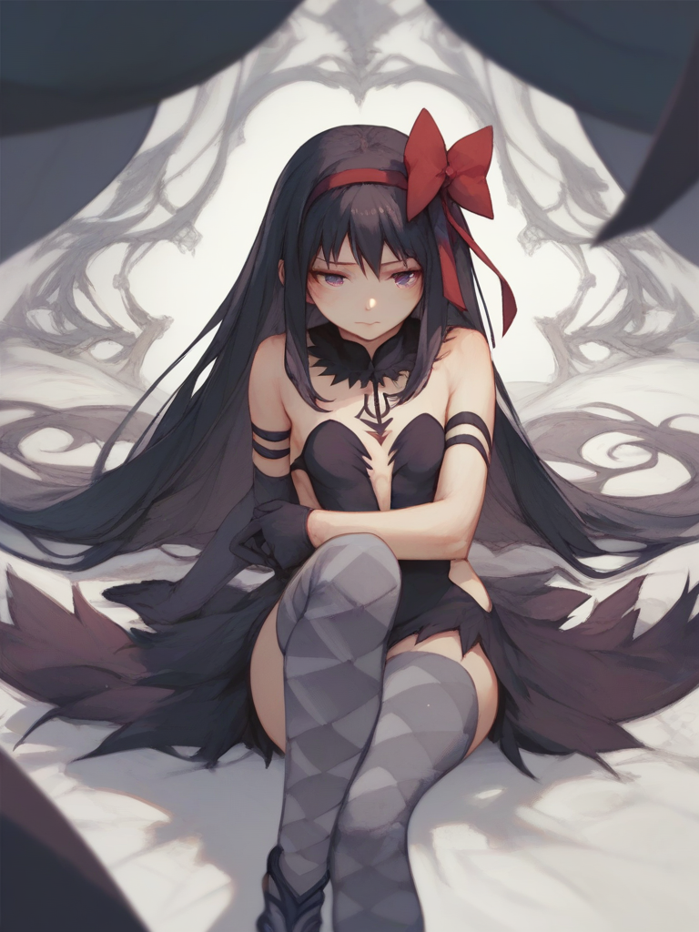 score_9,score_8_up,score_7_up, <lora:akuma_homura:1>ï¼1girl,solo,akemi homura, hair ribbon, red hairband, hair bow,  black wing,argyle clothes, thighhighs,