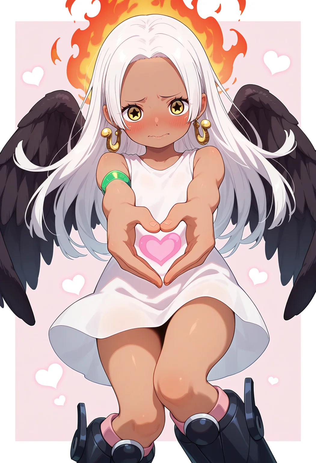 best quality, masterpiece, aass, long hair, white hair, dark-skinned female, earrings, yellow eyes, star-shaped pupils, black wings, white dress, sleeveless, armlet, knee boots, black footwear, <lora:s-snake_ilxl_v1:0.9>, fire, heart hands, embarrassed,