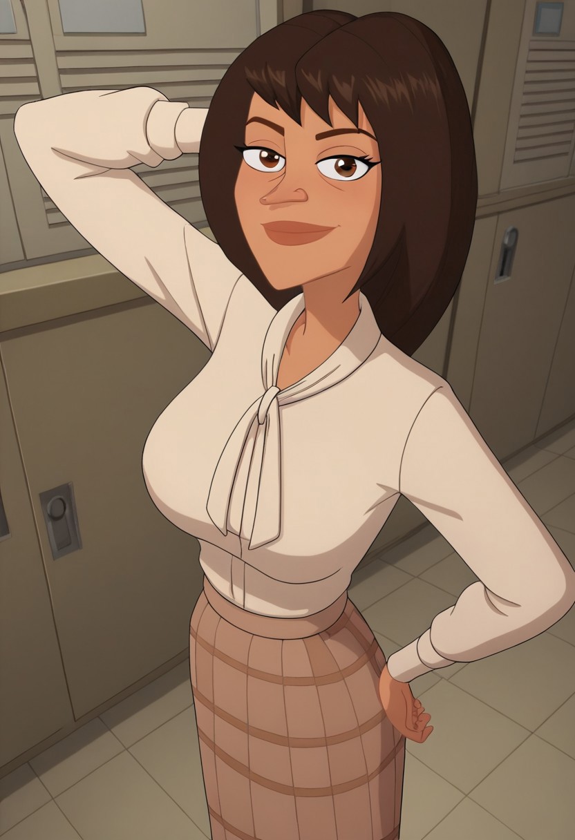 ((room background)),score_9, score_8_up, score_7_up,score_6_up, (detailed face and eyes:1) 
1girl, solo, Elizabeth_MML, olive skin, dark brown eyes, shoulder-length hair, dark brown hair, pointy nose, light beige blouse with bow collar, knee-length skirt with checkered pattern, white heeled shoes, tall, social smile, perfect eyes, perfect smile, looking at the viewer, detailed eyes, perfect eyes, standing, big breasts (front pose, front view, full body shot, high angle view:1) five fingers, perfect hands, (one hand on hip, one hand behind head)