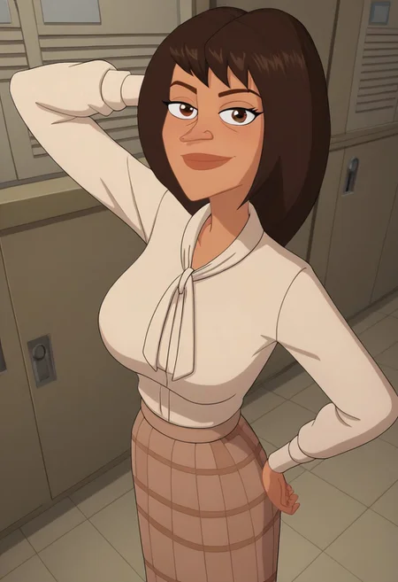 ((room background)),score_9, score_8_up, score_7_up,score_6_up, (detailed face and eyes:1) 
1girl, solo, Elizabeth_MML, olive skin, dark brown eyes, shoulder-length hair, dark brown hair, pointy nose, light beige blouse with bow collar, knee-length skirt with checkered pattern, white heeled shoes, tall, social smile, perfect eyes, perfect smile, looking at the viewer, detailed eyes, perfect eyes, standing, big breasts (front pose, front view, full body shot, high angle view:1) five fingers, perfect hands, (one hand on hip, one hand behind head)