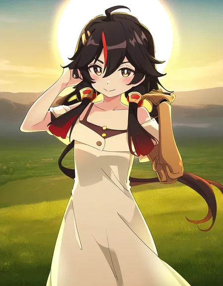ixy,ask_(askzy),(sundress:1.2),sun,grass,wind,anime screencap,smile,landscape,
<lora:changan_noob:0.7>,huanxing-changan,1girl,solo,black hair,long hair,multicolored hair,red hair,brown eyes,hair between eyes,bangs,ahoge,single mechanical arm,
masterpiece,best quality,very aesthetic,absurdres,