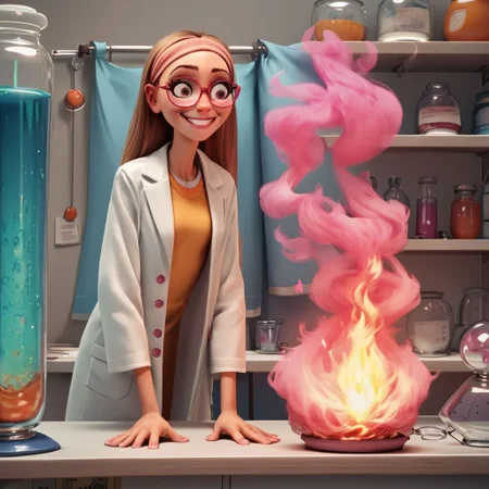 score_9, score_8_up, score_7_up, score_6_up, score_5_up, score_4_up, 1girl, Hon_Lem, Glasses, smiling, lab coat, in a lab, skinny, tall, flames, pink smoke,
