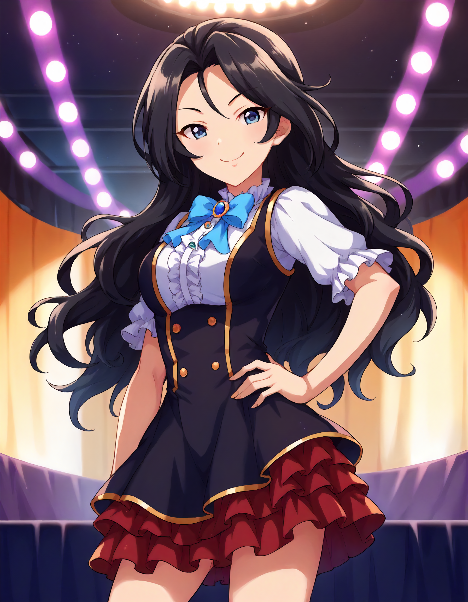 score_9,score_8_up,score_7_up,1girl,solo,cowboy shot,looking at viewer,smile,stage lights,indoors,hand on hip,
<lora:sugisakaumi_ponyXLV6:0.8>,cgsum,sumhb,black hair,long hair,blue eyes,
dress,frilled skirt