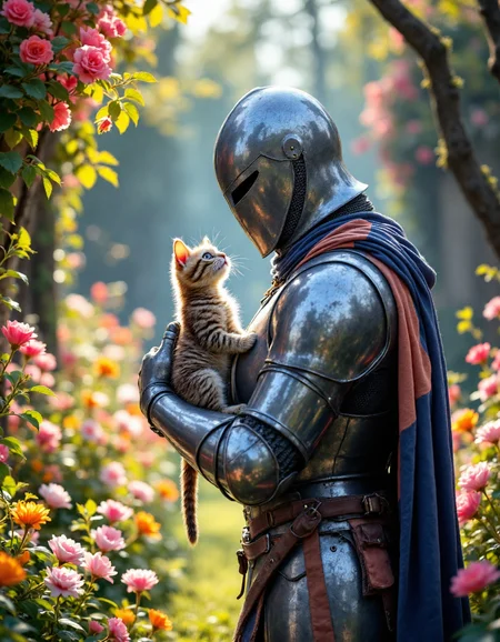 Knight holding kitten in flower garden: A knight in full plate armor stands amidst blooming flowers, gently cradling a tabby kitten in their gauntleted hands. Sunlight filters through the foliage, creating a warm, dappled light. The kitten looks up at the knight with a curious expression. Focus on the contrast between the hard armor and the soft fur. Photorealistic style with a touch of fantasy, <lora:aidmaFLuxPro1.1_v0.3:0.7>