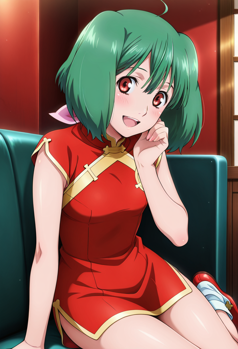 restaurant, indoor,
BREAK,
open smile,  sitting, hand on chin,
cowboy shot,
dynamic angle,  
BREAK,
 <lora:rankaX_illustriousXL_v01:0.9>
ranka lee, rankaRuby, green hair, red eyes, short hair, ahoge, 
chinese clothes, red dress, short dress, sleeveless, 
white socks, red shoes, flat shoes,, source_anime, very aesthetic, anime coloring, masterpiece, 
best quality, amazing quality, ultra detailed, very aesthetic, 
detailed background, 
BREAK,