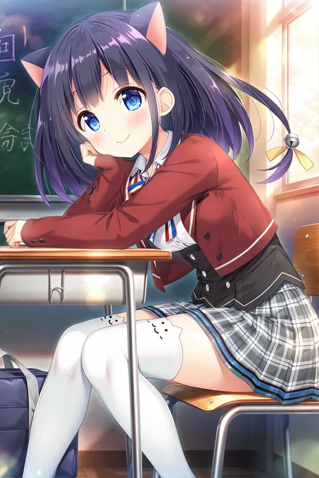 masterpiece,best quality,amazing quality,highres,scenery,newest,1girl,official style,fuko,fuko school,1girl,solo,white thighhighs,thighhighs,skirt,blue eyes,animal ears,cat ears,plaid skirt,bell,black hair,long hair,pleated skirt,plaid,long sleeves,hair ornament,jacket,school uniform,red jacket,bangs,shirt,sleeves past wrists,white shirt,jingle bell,ribbon,purple hair,cat ear legwear,hair bell,grey skirt,<lora:fuko:1>,classroom,looking at viewer,from side,sitting,smile,hand rest,