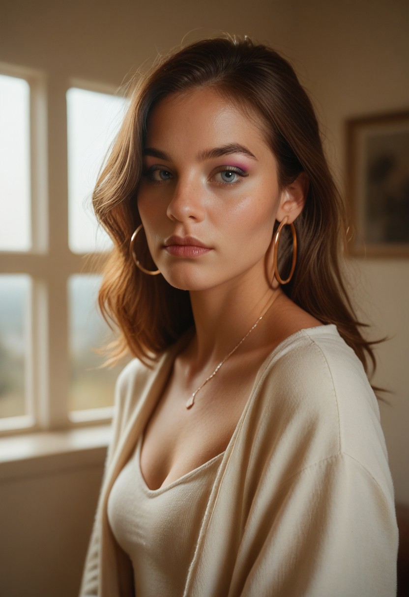 Score_PnyReal C4M3R403, solo, indoors, looking at viewer, 1girl, blue eyes, brown hair, makeup, hoop earrings, jewelry, window, realistic, closed mouth, grainy, film photography