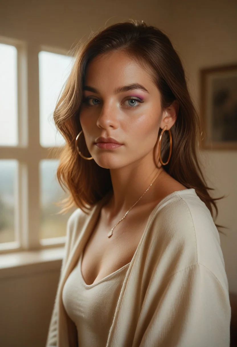 Score_PnyReal C4M3R403, solo, indoors, looking at viewer, 1girl, blue eyes, brown hair, makeup, hoop earrings, jewelry, window, realistic, closed mouth, grainy, film photography