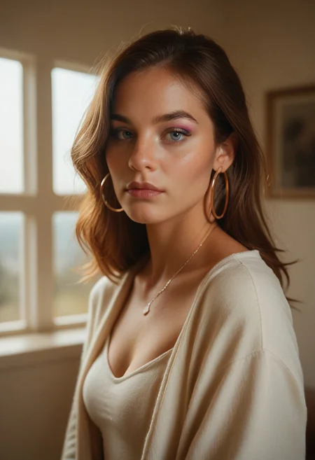 Score_PnyReal C4M3R403, solo, indoors, looking at viewer, 1girl, blue eyes, brown hair, makeup, hoop earrings, jewelry, window, realistic, closed mouth, grainy, film photography