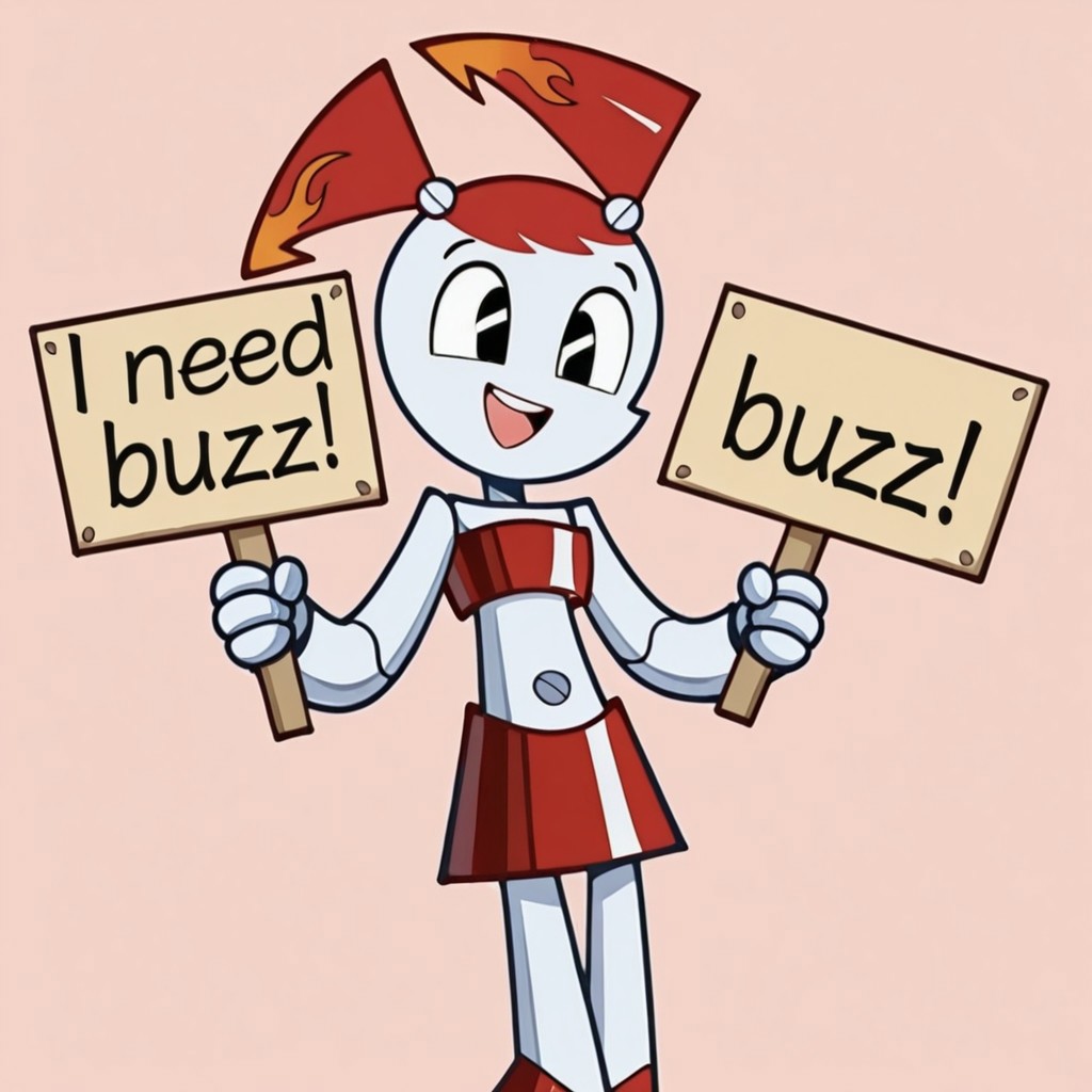masterpiece, need_buzz, holding sign, hot rod jenny, jenny wakeman, 1girl, solo, robot joints, twintails, red hair, black eyes, red tube top, red skirt, orange flame accents, smile, open mouth, simple background