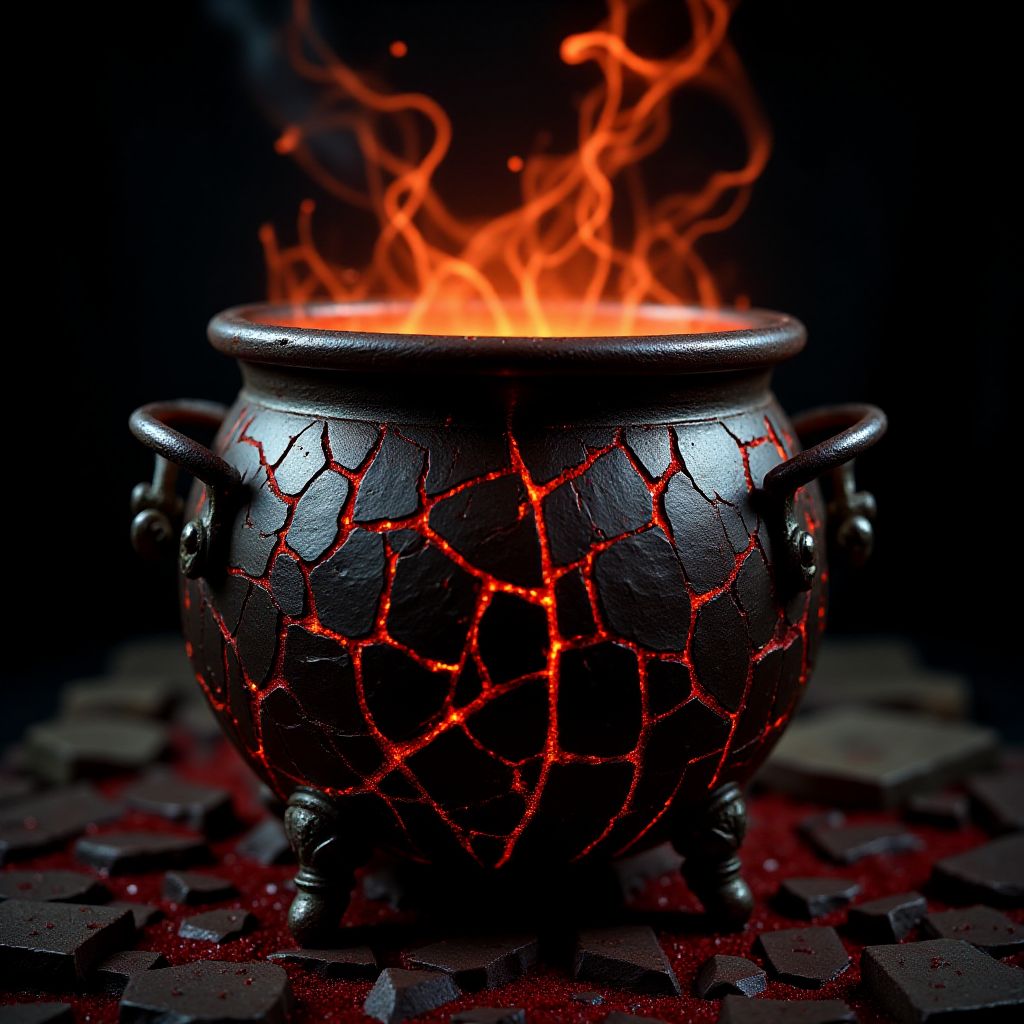 A fine art photograph of an elaborate industrial art Halloween witch cauldron made of hammered steel with many tiny red cracks. The piece has obviously been made by a skilled craftsman, with finely detailed textures and surfaces. It is obviously old, with worn parts and a patina of grime.  A phosphorescent glow emanates from it, illuminating the surrounding area. Wisps of glowing orange fog roil in the background. The overall feel of the image is Magical Realism. <lora:BlackColor:0.6> <lora:Magical_Glow_Flux:0.6> <lora:Green_Cracks_on_Black_Flux:0.6>