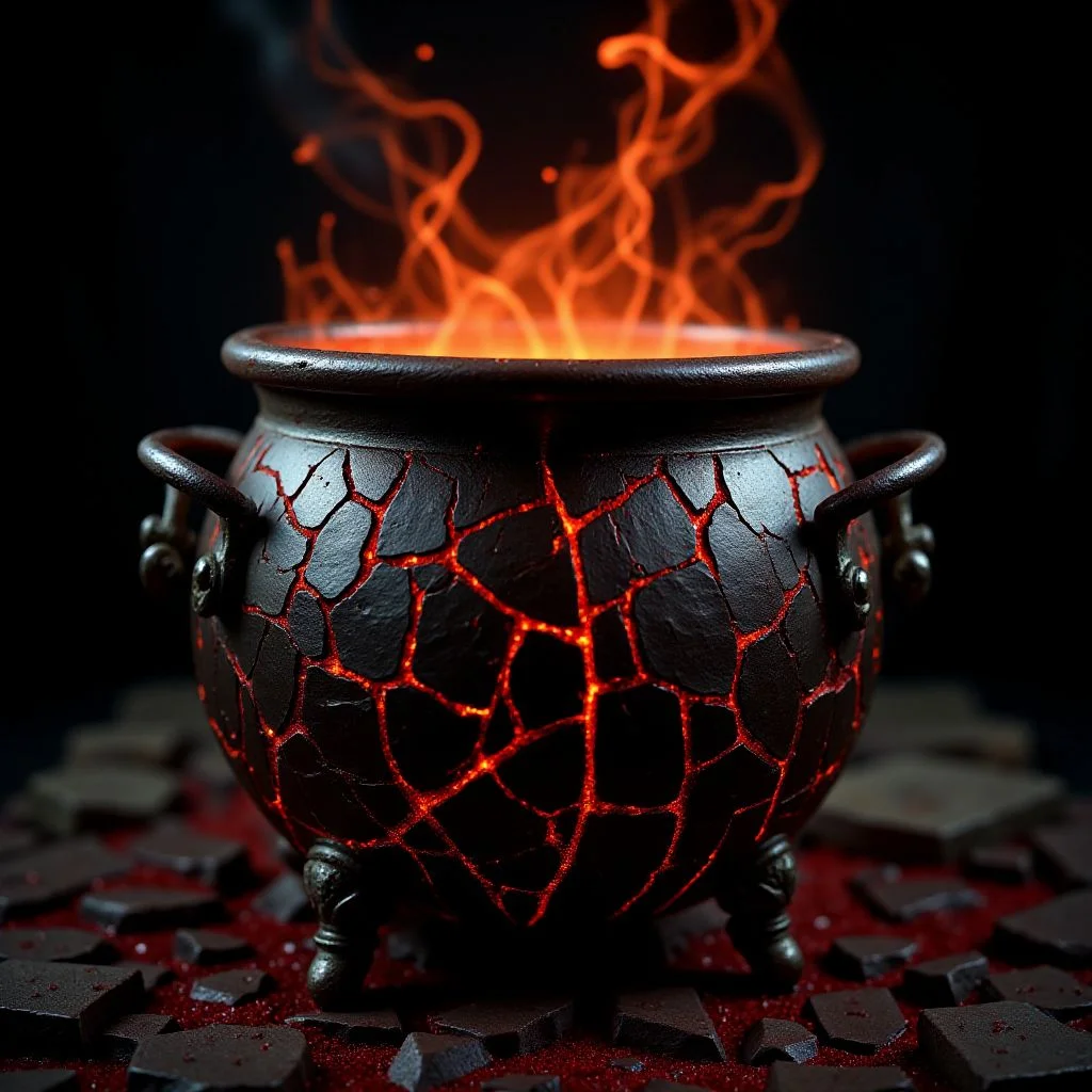 A fine art photograph of an elaborate industrial art Halloween witch cauldron made of hammered steel with many tiny red cracks. The piece has obviously been made by a skilled craftsman, with finely detailed textures and surfaces. It is obviously old, with worn parts and a patina of grime.  A phosphorescent glow emanates from it, illuminating the surrounding area. Wisps of glowing orange fog roil in the background. The overall feel of the image is Magical Realism. <lora:BlackColor:0.6> <lora:Magical_Glow_Flux:0.6> <lora:Green_Cracks_on_Black_Flux:0.6>