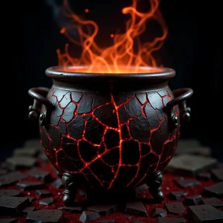 A fine art photograph of an elaborate industrial art Halloween witch cauldron made of hammered steel with many tiny red cracks. The piece has obviously been made by a skilled craftsman, with finely detailed textures and surfaces. It is obviously old, with worn parts and a patina of grime. A phosphorescent glow emanates from it, illuminating the surrounding area. Wisps of glowing orange fog roil in the background. The overall feel of the image is Magical Realism. <lora:BlackColor:0.6> <lora:Magical_Glow_Flux:0.6> <lora:Green_Cracks_on_Black_Flux:0.6>