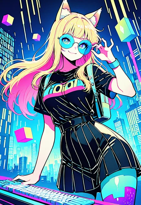 masterpiece, best quality, solo, curvy, beautiful eyes, narrow waist, wide hips, 1girl, solo, smile, looking at viewer, dynamic angle, foreshortening, close up,    t-shirt, tinted eyewear,  <lora:80sPopStyle_IXL_v1:1.0>,  [Neon Pulse Hacker], transparent raincoat with fiber optic trim, glitch-print hoodie, pleated tech skirt, static-charged leg warmers, holo-screen wristband, light-up keyboard backpack, binary tights, neon wire glasses, digital city skyline, floating data cubes, side smirk, glowing fingertips,