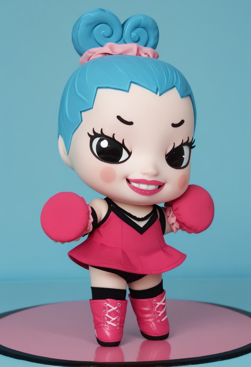 score_9, score_8_up, score_7_up BREAK RingRingP, 1girl, light blue hair, pink scrunchie, pale skin, black eyes, pink circle blush, pink lipstick, sleeveless v-neck pink dress, pink gloves, white-laced pink boots, evil smile, full body, cute pose, evil grin, chibi,