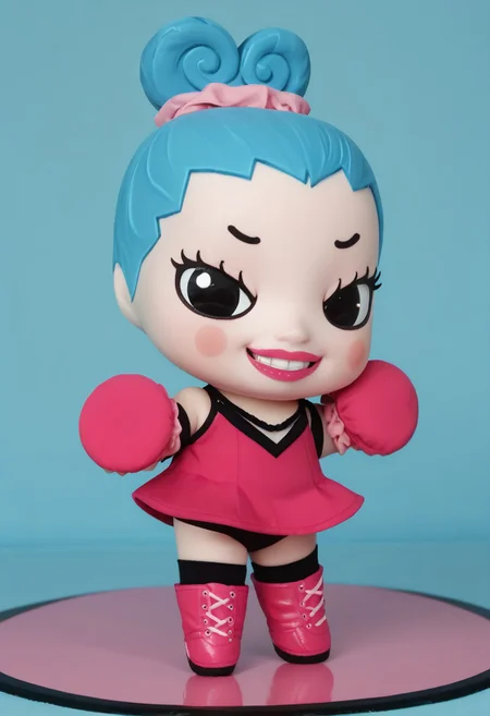 score_9, score_8_up, score_7_up BREAK RingRingP, 1girl, light blue hair, pink scrunchie, pale skin, black eyes, pink circle blush, pink lipstick, sleeveless v-neck pink dress, pink gloves, white-laced pink boots, evil smile, full body, cute pose, evil grin, chibi,