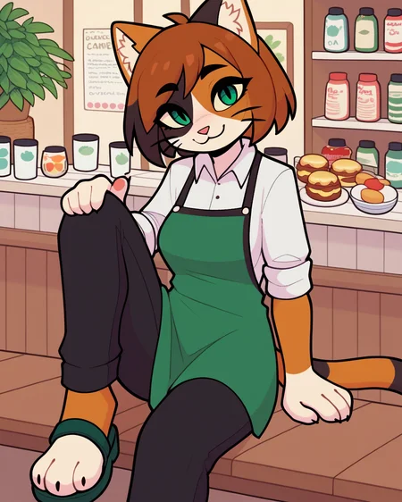 score_9_up, score_8_up, score_7_up, score_6_up, by remanedur, furry female, cat, calico, female, furry, multicolored hair, green eyes, collared shirt, green sandals, short hair, bangs, green apron, black pants, medium breasts, looking at viewer, happy, head tilt, solo, sitting, raised leg, three-quarter view, cafe, restaurant, <lora:Leah_Pines(AIM)_XL_v1:0.15> <lora:PDXL_artist_tags_v2_big:0.5> <lora:The-Minuscule-Task_PDXL_v1.0:0.6> <lora:Kawa_R3KNWN:0.6>