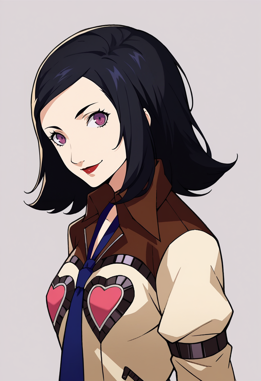 score_9, score_8_up, score_7_up, source_anime, BREAK, solo, 1girl, smile, looking at viewer,  <lora:P5-Portraits-pdxl_Fp:1>, simple background, portrait, <lora:zs_MayaXL:1>, mayap2, medium hair, black hair, purple eyes, lipstick, jacket, hearts, blue necktie, skirt,