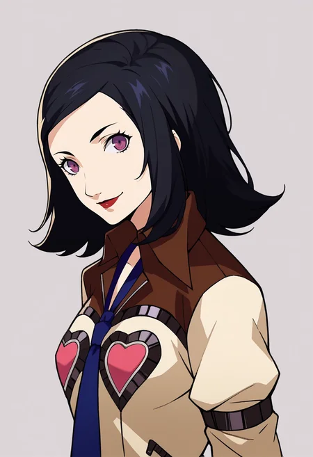 score_9, score_8_up, score_7_up, source_anime, BREAK, solo, 1girl, smile, looking at viewer,  <lora:P5-Portraits-pdxl_Fp:1>, simple background, portrait, <lora:zs_MayaXL:1>, mayap2, medium hair, black hair, purple eyes, lipstick, jacket, hearts, blue necktie, skirt,