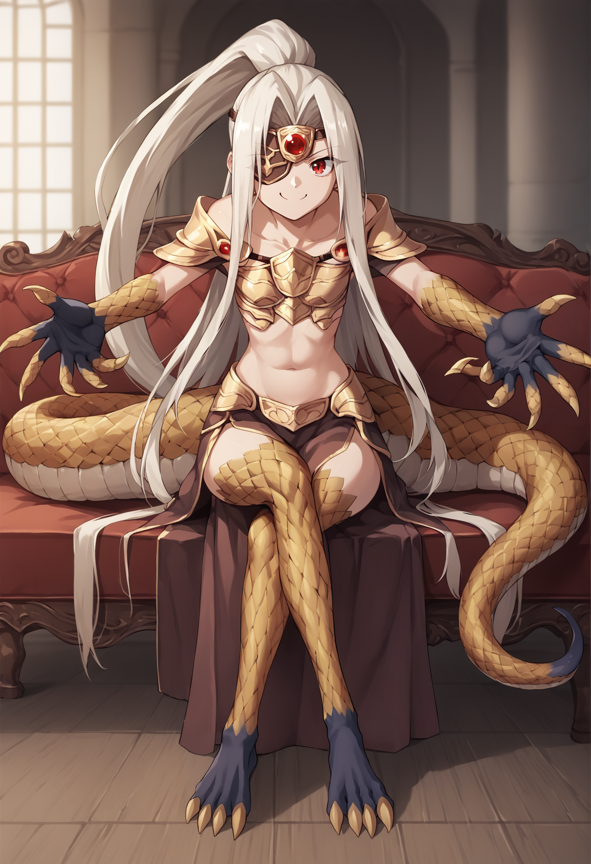 1girl, monster girl, snake hair, white hair, red eyes, very long hair, ponytail, high ponytail, sidelocks, eyepatch, scales, tail, claws, armor, pelvic curtain, monster girl. smile, smug, sitting, indoors, couch, mansion, crossed legs, outstretched arms, <lora:Illya_IQ2:1>, score_9, score_8_up, score_7_up, score_6_up, score_5_up, score_4_up, BREAK source_anime, masterpiece