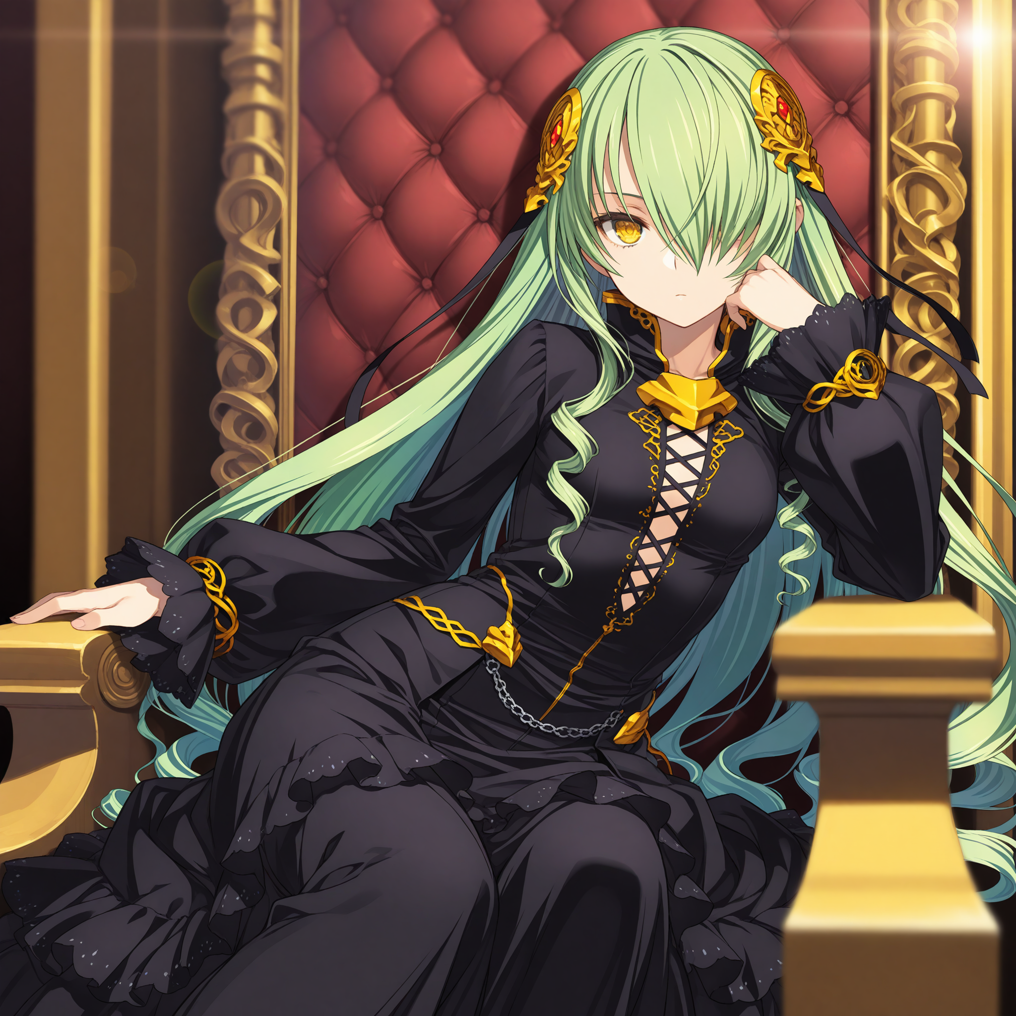 <lora:Hornet_1_nai-000018:1>,Hornet,yellow eyes,hair over one eye,hair ornament,
black dress,frilled dress,puffy long sleeves,
1girl,solo,looking at viewer,expressionless,sitting,throne,leaning to the side,arm support,hand on own face,front view,depth of field,lens_flare,