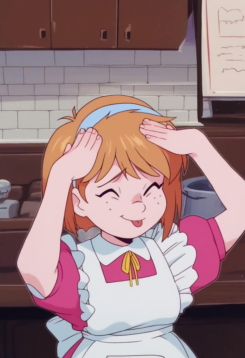 score_9, score_8_up, score_7_up, AhEtoBlehMeme, closed eyes, tongue out, :p, hands on own head, smile, <lora:AhEtoBlehMeme_pdxl_Incrs_v1:1> marie_ec, blue eyes, freckles, short hair, hairband, dress, apron,