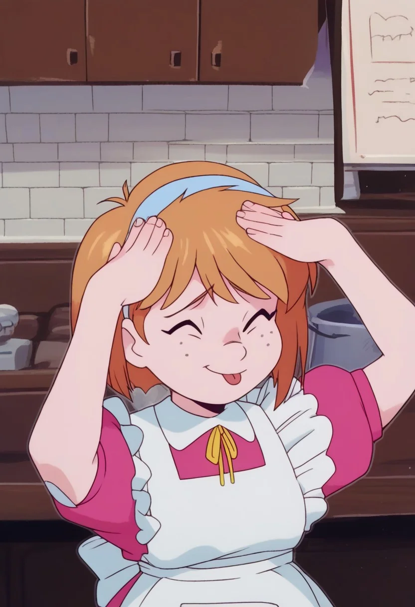 score_9, score_8_up, score_7_up, AhEtoBlehMeme, closed eyes, tongue out, :p, hands on own head, smile, <lora:AhEtoBlehMeme_pdxl_Incrs_v1:1> marie_ec, blue eyes, freckles, short hair, hairband, dress, apron,