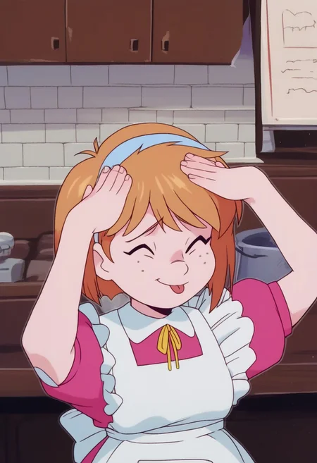 score_9, score_8_up, score_7_up, AhEtoBlehMeme, closed eyes, tongue out, :p, hands on own head, smile, <lora:AhEtoBlehMeme_pdxl_Incrs_v1:1> marie_ec, blue eyes, freckles, short hair, hairband, dress, apron,
