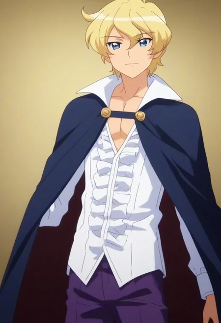 ((masterpiece)), ((best quality)), ((ultra-detailed)), ((absurdres)), score_9_up, score_8_up, score_7_up,
HD, top quality, best quality, amazing quality, High-quality illustrations, anime screencap, source_anime, best aesthetic, perfect proportions, perfect eyes, 1boy, 1male, solo boy, solo male, male focus, solo male focus, Anime, boy, male anime character, anime boy, handsome, sexy, cute, charming, ((tall, tall body, tall height)), ((lean body, slim body)), ((looking at front, looking at viewer)), ((front shot, front view, view from front)), Guiche de Gramont, blonde hair, blue eyes, white ruffled shirt, long sleeves, cape, purple pants, ((cowboy shot, head to hips shot)), ((snowy mountains background))