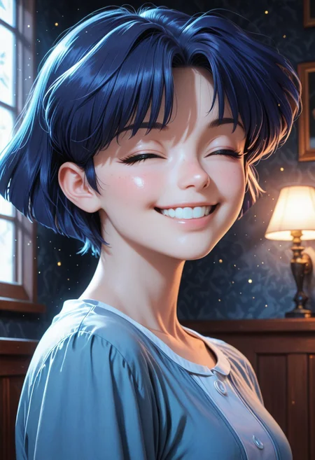 HDR, 8K, high contrast, masterpiece, best quality, amazing quality, very aesthetic, high resolution, ultra-detailed, absurdres, newest, scenery, chiaroscuro, 1girl, solo,akane_tendou, short_hair, blue_hair, cute smile, teeth, closed eyes, , dim lighting ,looking back at viewer, dark room, face focus, head shot BREAK, detailed skin, detailed hair, photorealistic, volumetric lighting, dappled light, light particles, dramatic shadows, cinematic lighting, photo background, <lora:ponyxl\cfg_scale_boost:0.7> h4v_h0l0,