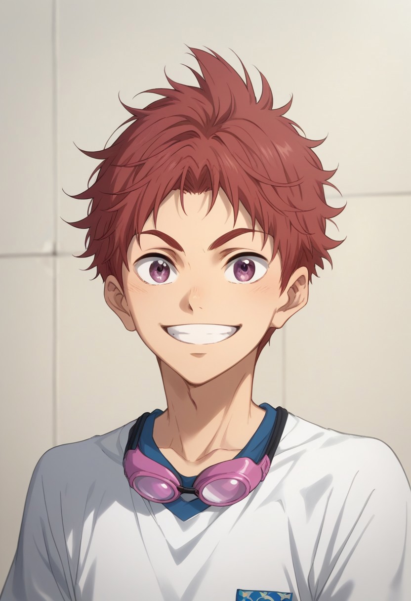 score_9, score_8_up, score_7_up, source_anime, highly detailed, 
asahi, 1boy, male focus, solo, red hair, purple eyes, shirt, white shirt, t-shirt, short sleeves, goggles, googles around neck, upper body, smile, grin
outdoor,