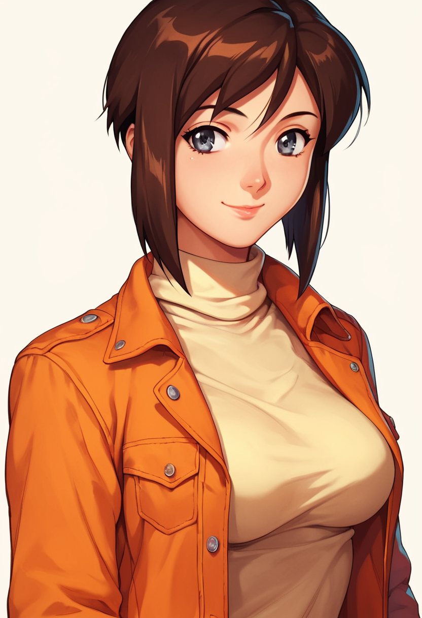 score_9, score_8_up, score_7_up, score_6_up, 1girl, solo, 
Linna, brown hair, gray eyes, yellow turtleneck, jeans, open orange jacket, smile,
detailed eyes, perfect face, perfect eyes, sexy, sexy girl, beautiful eyes, petite body, medium breasts, standing, posing, simple background, dynamic angle, <lora:Linna Yamazaki _ Bubblegum Crisis Tokyo 2040_epoch_10:1>