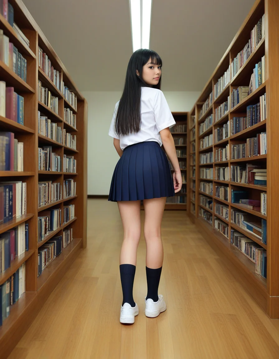Stable_Yogis_PDXL_Positives2 1girl, solo, long hair, looking at viewer, skirt, black hair, standing, school uniform, full body, pleated skirt, shoes, socks, indoors, looking back, black skirt, from behind, black eyes, book, white footwear, black socks, sneakers, desk, kneepits, bookshelf, presenting