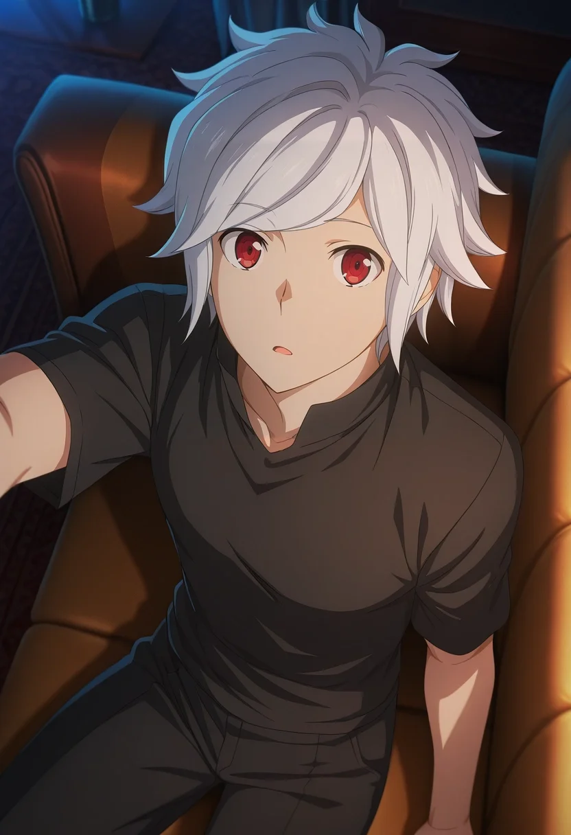 masterpiece, best quality, intricate details, anime screencap, , , looking at viewer, 1boy, solo, male focus, <lora:bell_cranel_ilxl:0.92>, bell_cranel, white hair, red eyes, short hair, from above, living room, couch, indoors, dark, arm up, open mouth, ,
