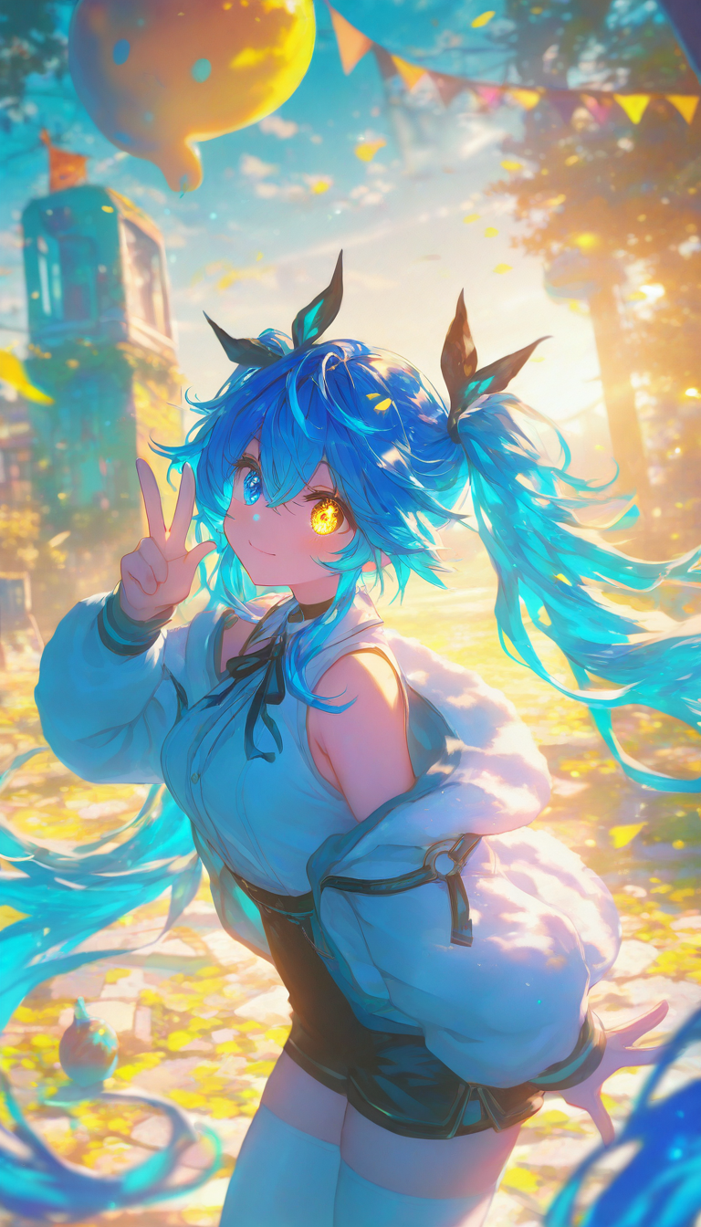 REMEMX,
1girl,twintails,heterochromia,long hair,yellow eyes,blue hair,blue eyes,solo,looking at viewer,thighhighs,shorts,jacket,white jacket,white thighhighs,v,breasts,shirt,very long hair,long sleeves,smile,open clothes,bare shoulders,open jacket,black shorts,white shirt,black ribbon,sleeveless,hair between eyes,closed mouth,ribbon,medium breasts,collared shirt,off shoulder,
outdoors,<lora:REMEMXv1-000050:1>,